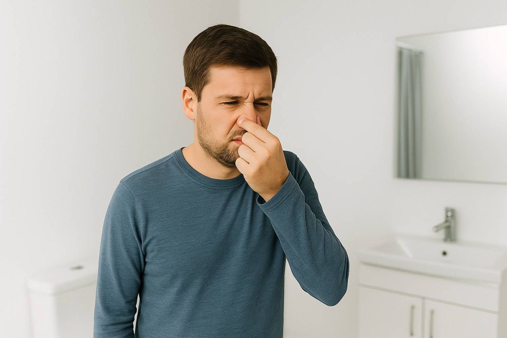 Homeowner covering nose in a bathroom due to foul odor, indicating the need for a sewer line inspection.